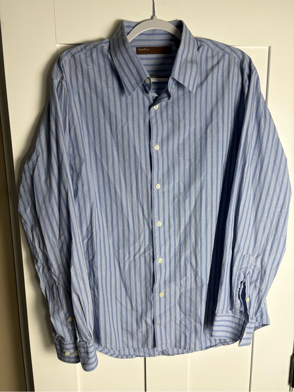 Perry Ellis Blue and White Vertical Stripe Dress Shirt